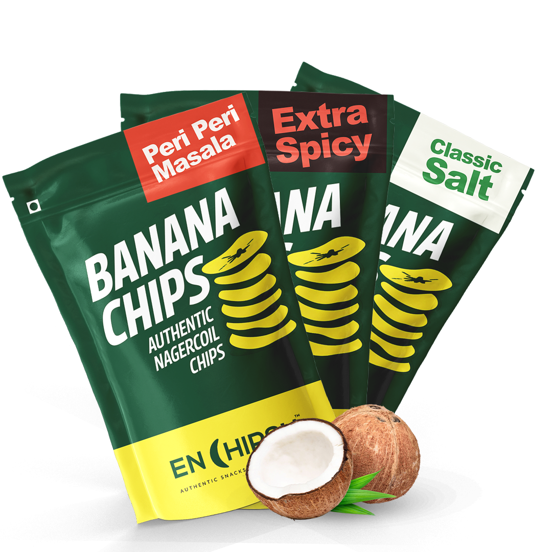 Coconut Oil Banana Chips Combo : Peri-peri masala + Extra Spicy + Classic salt