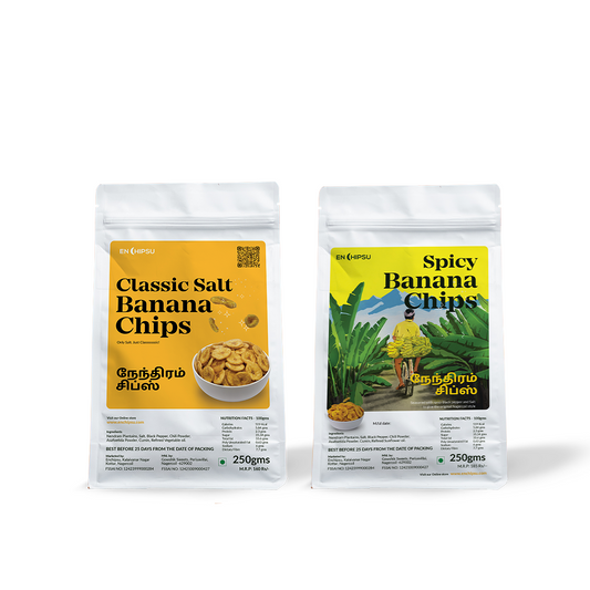 Classic Combo : Classic salt Banana Chips + Spicy banana Chips (250gms each)